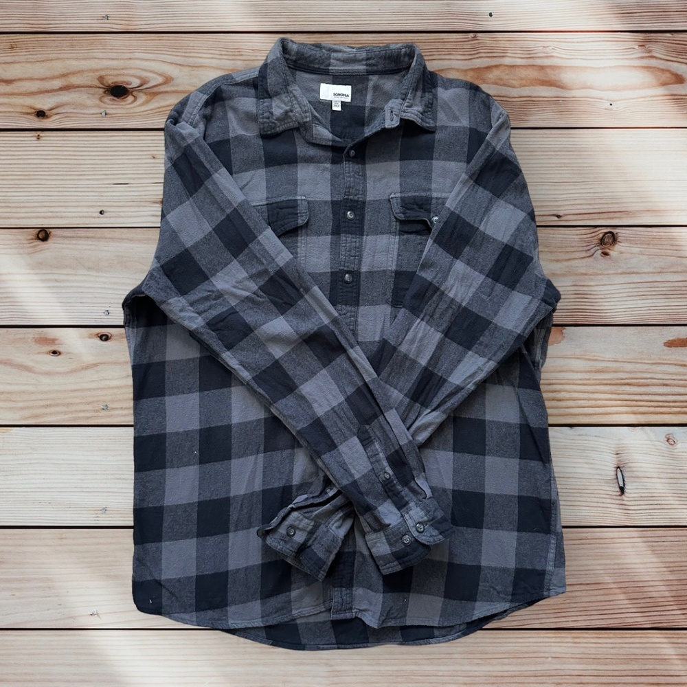 Men's Sonoma 2XLT Long Sleeve Black/Gray Plaid Flannel Casual Button Down Shirt